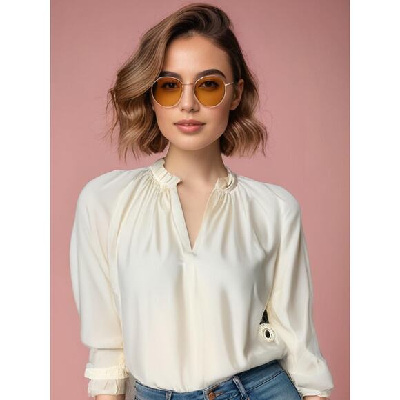 NWT Spartina 449 Women's Ivory Ruffle Neck Long Sleeve Blouse‎ Size Small Casual - Picture 1 of 6